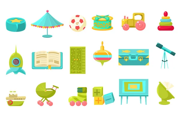 Baby hračky velký set, předškolní děti hračky a nábytek pro školky vektorové ilustrace — Stockový vektor