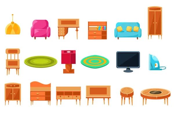 Appartement meubels grote instellen, kast of levende meubilair en accessoires vector illustratie — Stockvector
