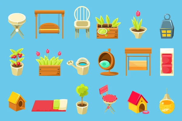 Tuinieren hulpmiddelen en decoratieve elementen, elementen voor werk en ontspanning in de tuin vectorillustratie — Stockvector