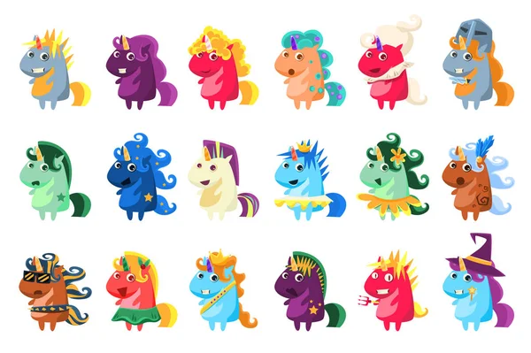Magische unicorn grote reeks, kleurrijke eenhoorns met verschillende emoties vector illustratie — Stockvector