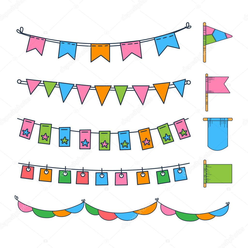 Colorful bunting, party flags, festival, birthday, holiday decoration vector illustration