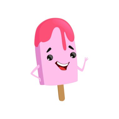Dostu dondurma sallanan el insanlaşmış. Çizgi film karakteri dondurulmuş tatlı pembe sır ahşap sopa ile. Tatlı yiyecek. Düz vektör