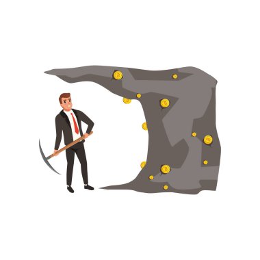 Bitcoins maden çıkarma elinde kazma ile işadamı resmi siyah elbiseli. Dijital para ve cryptocurrency Tema. Düz vektör tasarımı