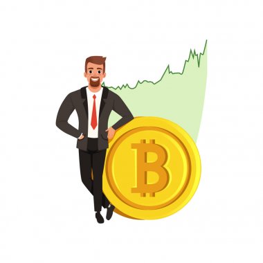 Grafik büyüyen başarılı iş adamı altın bitcoin, yakın. Karikatür resmi kıyafetli adam. Cryptocurrency ticaret. Sanal para ve Finans Tema. Düz vektör tasarımı