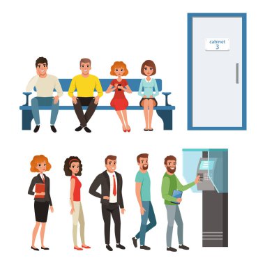 Ayakta ve sıraları Atm ve kabine kapı yakınında oturan insan grupları. Çizgi film karakterleri doğrultusunda onların sırası bekleyen kadın ve genç erkek. Düz vektör