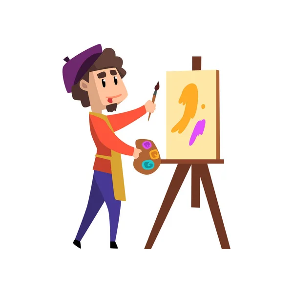 Artista masculino personaje sosteniendo paleta y pincel de pie cerca del caballete, hobby artesanal o vector de profesión Ilustración sobre un fondo blanco — Vector de stock