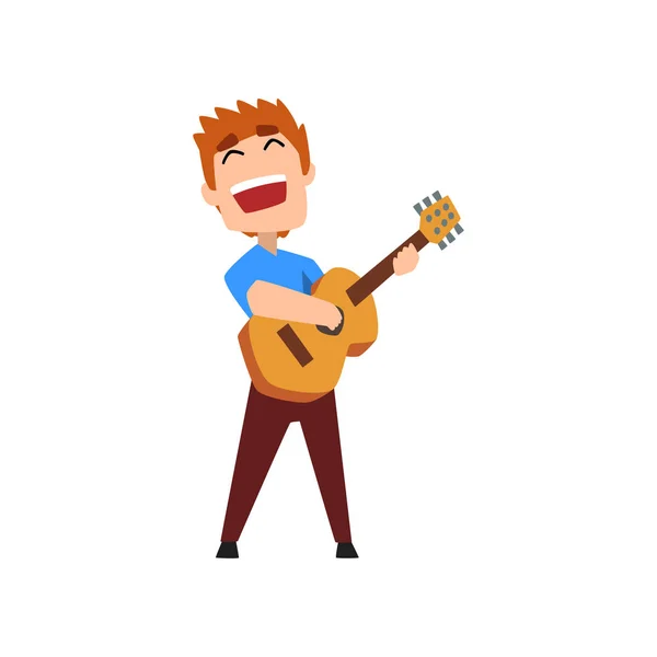 Mannelijke muzikant speelt klassieke gitaar en zang, hobby of beroep vector illustratie op een witte achtergrond — Stockvector