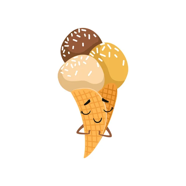 Roztomilý kreslený zmrzlina v oplatkovém kornoutku. Výborné jídlo. Sladký zmrazené dezert s roztomilý obličej a ruce. Plochý vektor — Stockový vektor