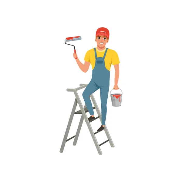 Malermännchen mit Rolle in der Hand auf Leiter stehend, Vektor-Illustration zur Haussanierung auf weißem Hintergrund — Stockvektor