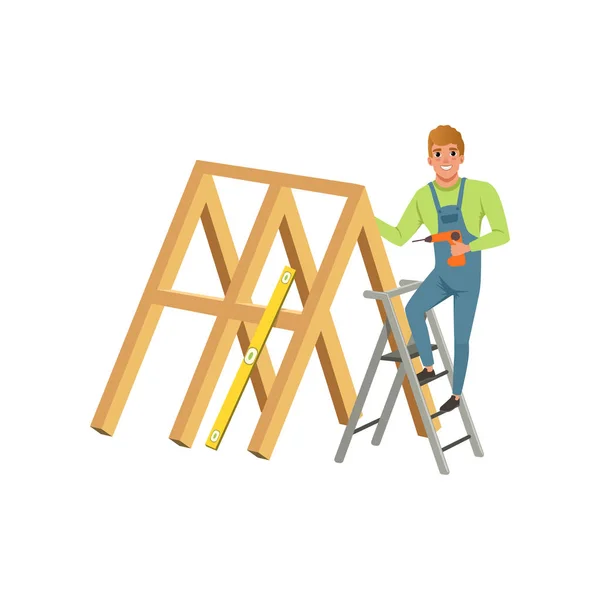 Männlicher Berufsschreiner baut eine Holzkonstruktion mit Bohrvektorillustration auf weißem Hintergrund — Stockvektor