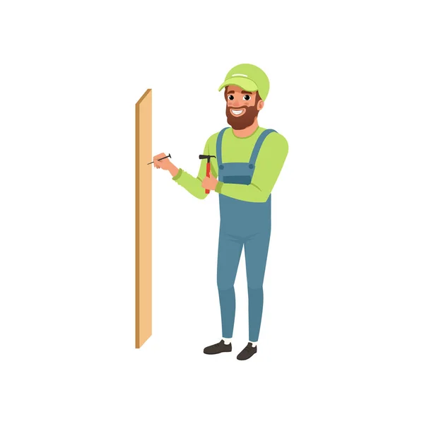 Ανδρική επαγγελματική ξυλουργός σφυρηλατώντας ένα καρφί σε ξύλινη σανίδα διανυσματικά εικονογράφηση σε λευκό φόντο — Διανυσματικό Αρχείο