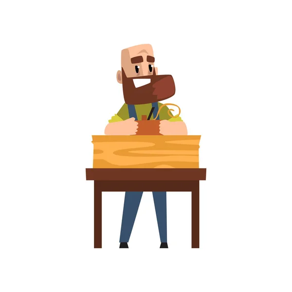 木工仪器、工艺爱好或职业矢量插图在白色背景下工作的男性木匠性格 — 图库矢量图片