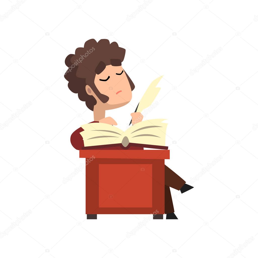 Male poet writing a quill on sheet of paper, hobby or profession concept vector Illustration on a white background