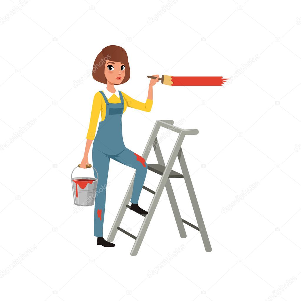 Female painter in uniform with paintbrush in hand standing on step ladder, house renovation concept vector Illustration on a white background