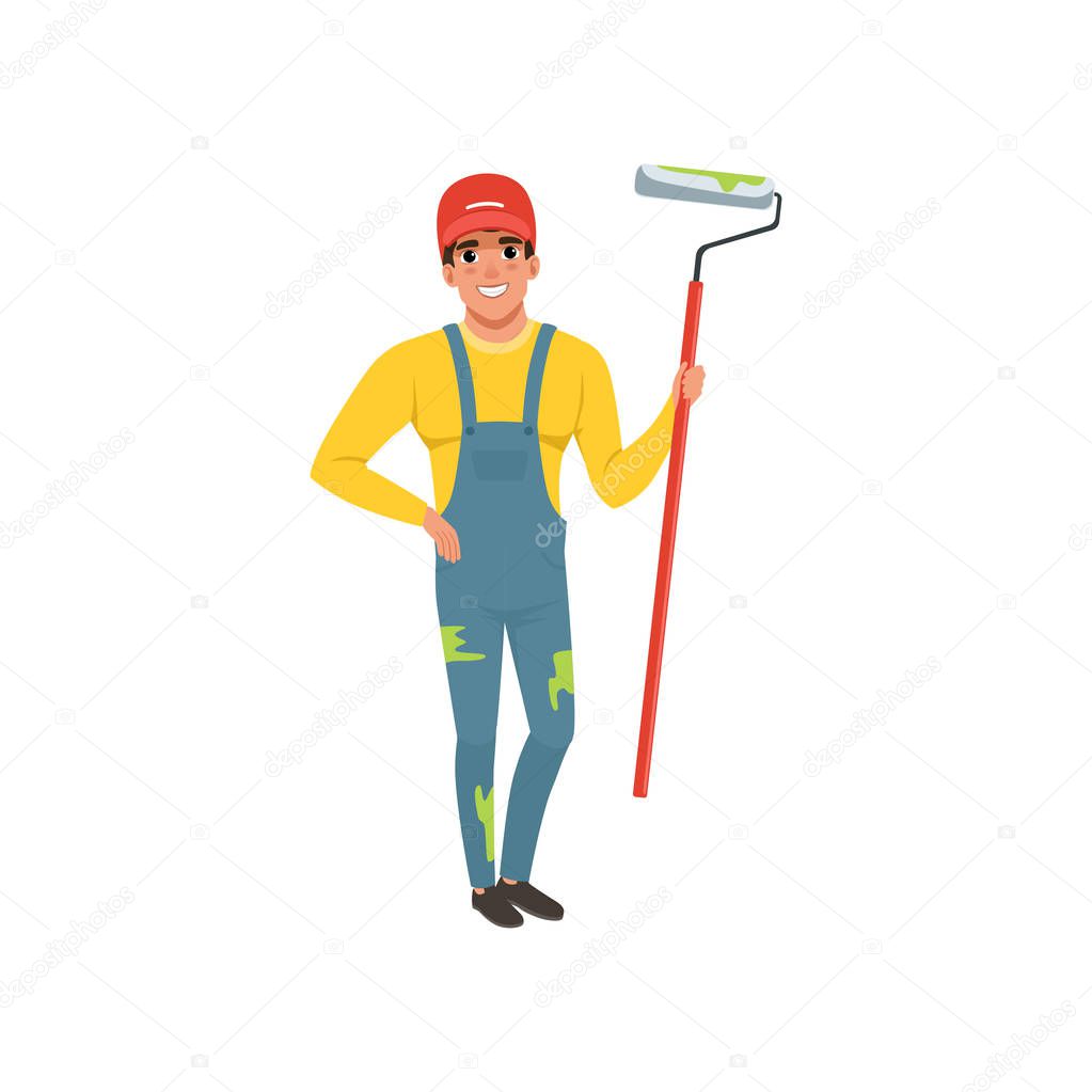 Male painter in uniform with roller paint, house renovation concept vector Illustration on a white background