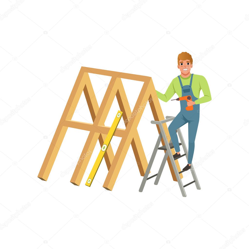 Male professional carpenter building a wooden construction with drill vector Illustration on a white background