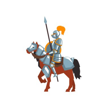 At, mızrak ve kalkan at binme. Royal warrior çelik zırh. Mobil oyun ya da hikaye kitabı için düz vektör tasarımı