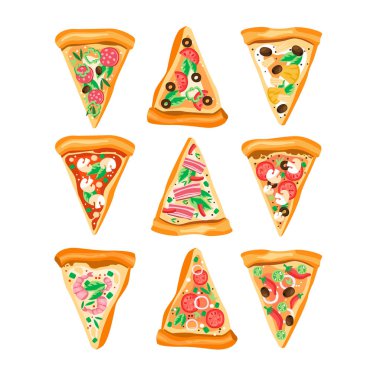Düz vektör üçgen dilim pizza farklı malzemelerle set. Fast food. Geleneksel İtalyan yemeği. Promo poster, kafe veya pizza menü öğeleri