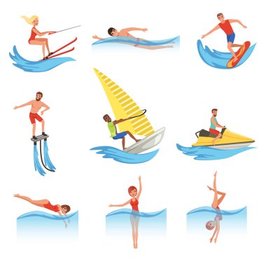 Flat vector set with young men and women involved in various water sports. Active lifestyle. Summer vacation. Outdoor recreation clipart