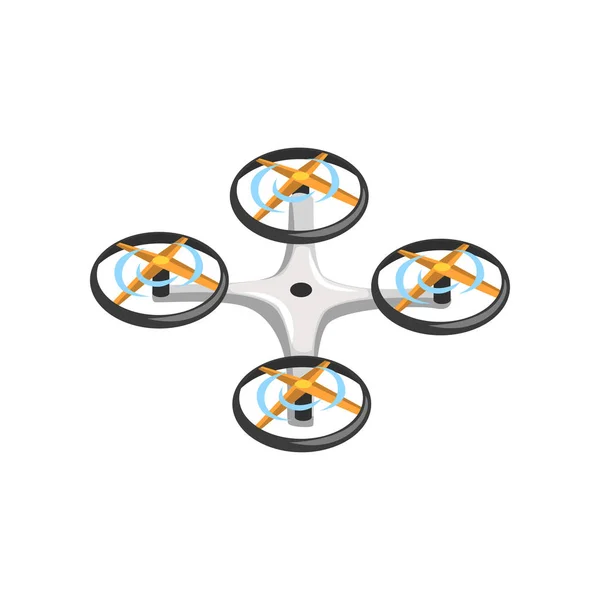 Drone de control remoto con cuatro hélices naranjas y cuerpo gris. Icono vectorial plano de quadrocopter. Dispositivo de vuelo. Aviones no tripulados — Archivo Imágenes Vectoriales