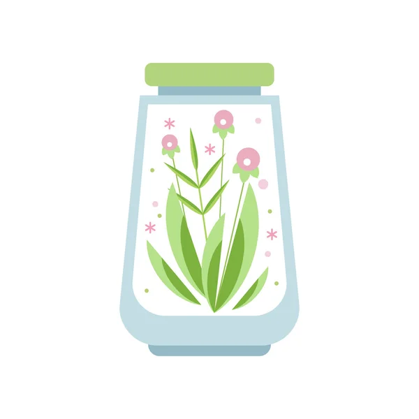 Pembe çiçekler Kapaklı cam florarium vazo içinde yeşil yaprakları ile. Nazik bitki kavanoza. Ev dekorasyonu, kartpostal veya yazdırma için düz vektör tasarımı — Stok Vektör