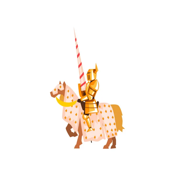 Cavaleiro medieval montando cavalo segurando lança. Bravo guerreiro de armadura dourada. Projeto vetorial plano para cartaz ou cartão postal — Vetor de Stock