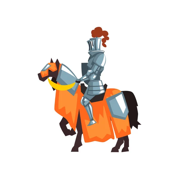 Flat vector icon of medieval knight on horseback. Guardian of the kingdom. Royal warrior wearing shiny iron armor and helmet with feather — Stock Vector