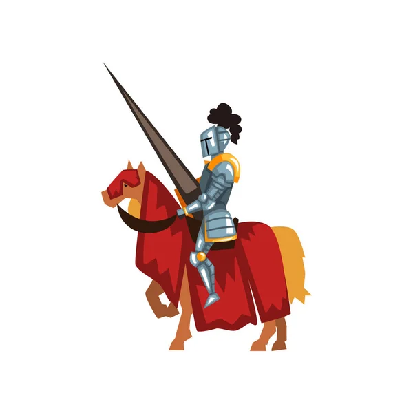 Valorous knight riding horse with lance in hand. Royal guardian in shiny armor. Medieval sports tournament. Flat vector design for mobile game or poster — Stock Vector