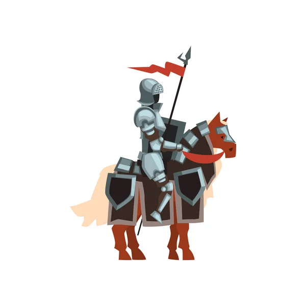Royal knight sitting on horse with red flag and shield in hand. Brave warrior in steel shiny armor. Flat vector design for story book or mobile game — Stock Vector