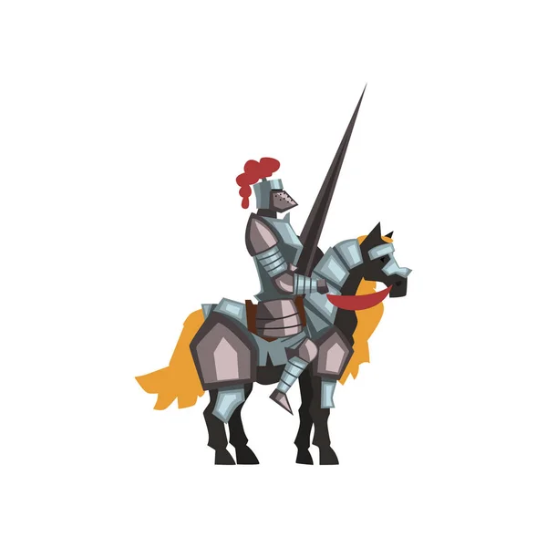 Middeleeuwse ridder paardrijden paard bedrijf gestreepte lance. Koninklijke warrior in glanzend pantser en helm met rode veren. Platte vector pictogram — Stockvector