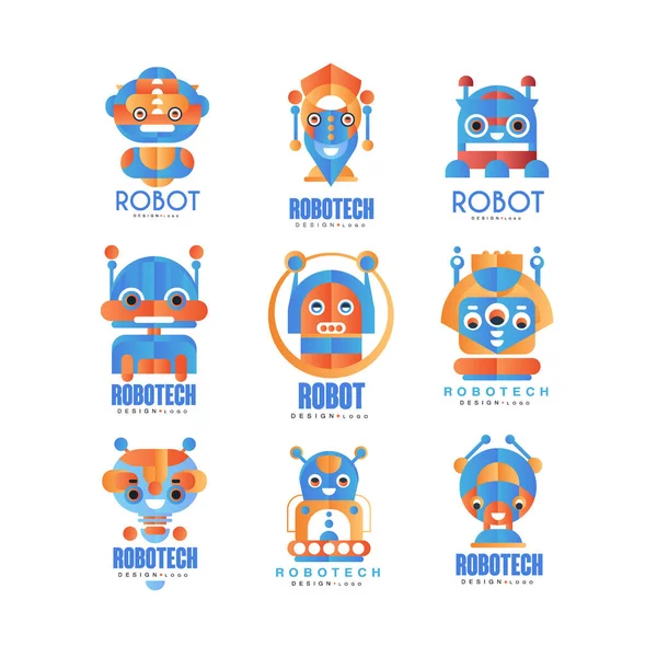 Platte vector set abstracte logo sjablonen met robots. Kunstmatige intelligentie ontwikkeling en robotech thema. — Stockvector