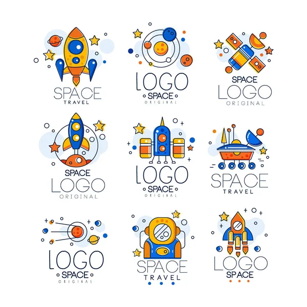 Flache Vektor-Set von linearen Raum-Logo mit farbenfroher Füllung. Kreative Embleme mit Rakete, Shuttle, Alien-Untertasse, Astronaut, Satellit, Planeten. — Stockvektor