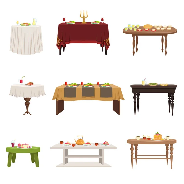 Conjunto de vectores planos de diferentes tipos de mesas de comedor con comida y bebidas servidas. Muebles de cocina Elementos para el interior del hogar o del restaurante — Archivo Imágenes Vectoriales