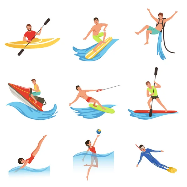 Flat vector set of cartoon people characters involved in extreme water sports. Young women and men. Active summer recreation