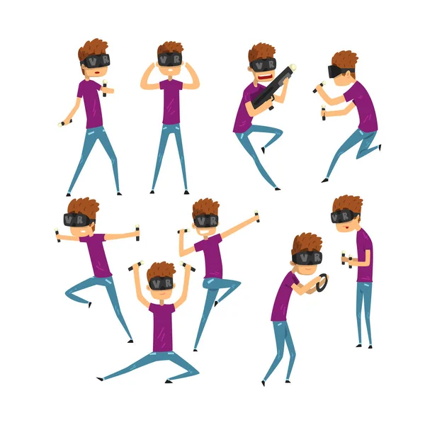 Tiener jongen in glazen van virtual reality. Grappige jongen in verschillende poses. Cartoon jonge kerel in de video game spelen. Entertainment en moderne technologie. Platte vector set — Stockvector