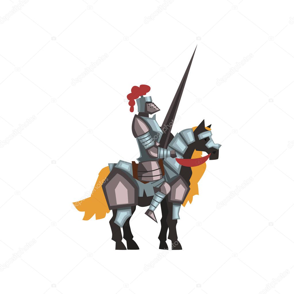 Medieval knight riding horse holding striped lance. Royal warrior in shiny armor and helmet with red feather. Flat vector icon