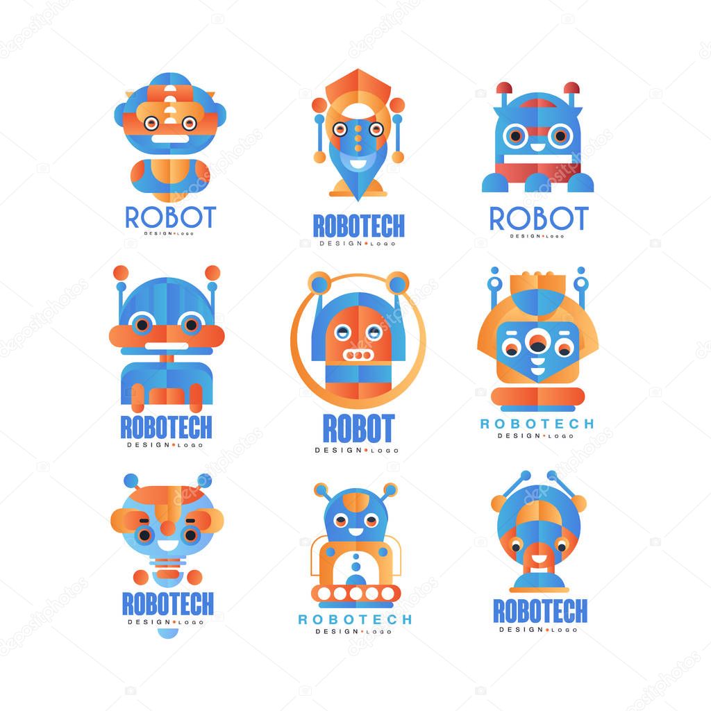Flat vector set of abstract logo templates with robots. Artificial intelligence development and robotech theme.