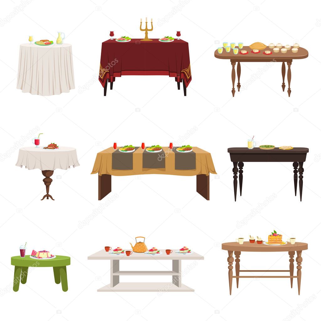 Flat vector set of different types of dining tables with served food and drinks. Kitchen furniture. Elements for home or restaurant interior