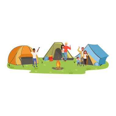 Hiking turistler, kamp zevk seyahat kavramı, rahatlatıcı yaz tatillerini resimde beyaz bir arka plan üzerinde vektör ve