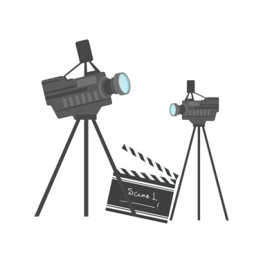 Sinematografi donanımları, sinema ve film üzerinde beyaz bir arka plan illüstrasyon vektör
