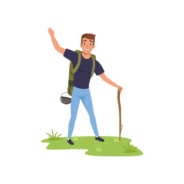 Smiling man standing with backpack and stuff, hiking tourist traveling, camping and relaxing, summer vacations vector Illustration on a white background — Stock Vector
