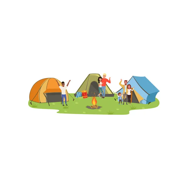 Menschen, die in der Nähe von Touristenzelten stehen, Touristen, die zelten, reisen und entspannen, Sommerurlaub Vektor Illustration auf weißem Hintergrund — Stockvektor