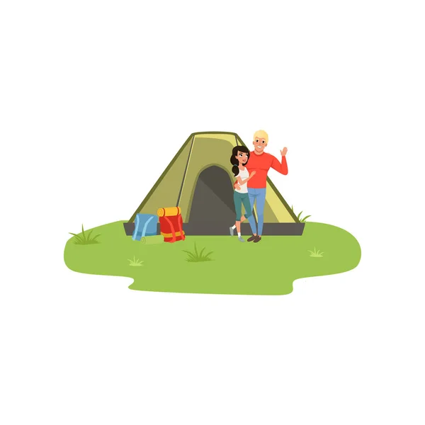 Happy couple camping in nature with fire in front of the tent, traveling and relaxing concept, summer vacations vector Illustration on a white background — Stock Vector