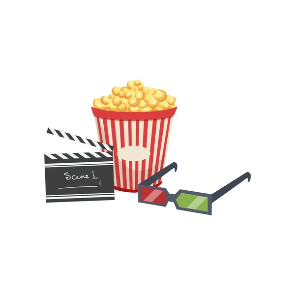 Bioscoop Stel, popcorn, klepel boord en 3d bril vector illustratie op een witte achtergrond — Stockvector