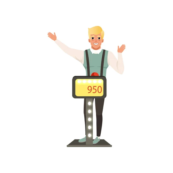 Hombre sonriente participando en el concurso, jugador respondiendo preguntas de pie en el stand vector Ilustración sobre un fondo blanco — Vector de stock