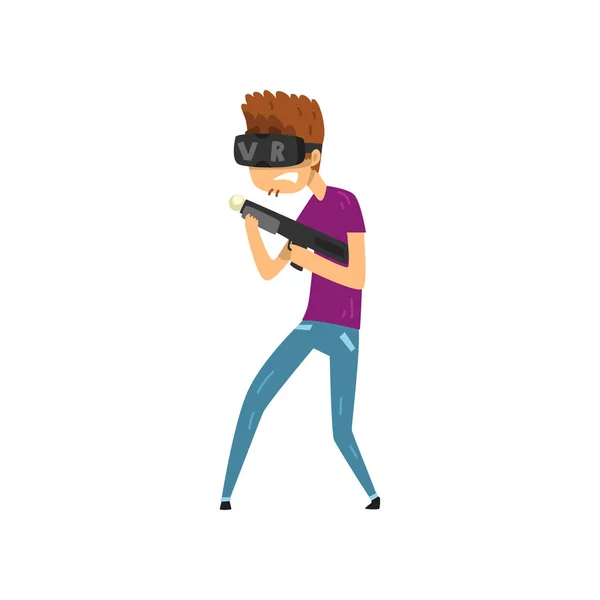 Молодой человек мультяшный персонаж, играющий в видеоигру в виртуальной реальности с VR гарнитурой и контроллером оружия, игровые кибертехнологии, вектор концепции виртуальной реальности Иллюстрация на белом фоне — стоковый вектор