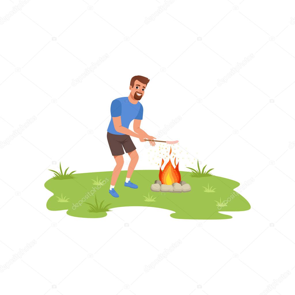 Smiling bearded man roasting sausage over campfire, tourist relaxing at summer vacations vector Illustration on a white background