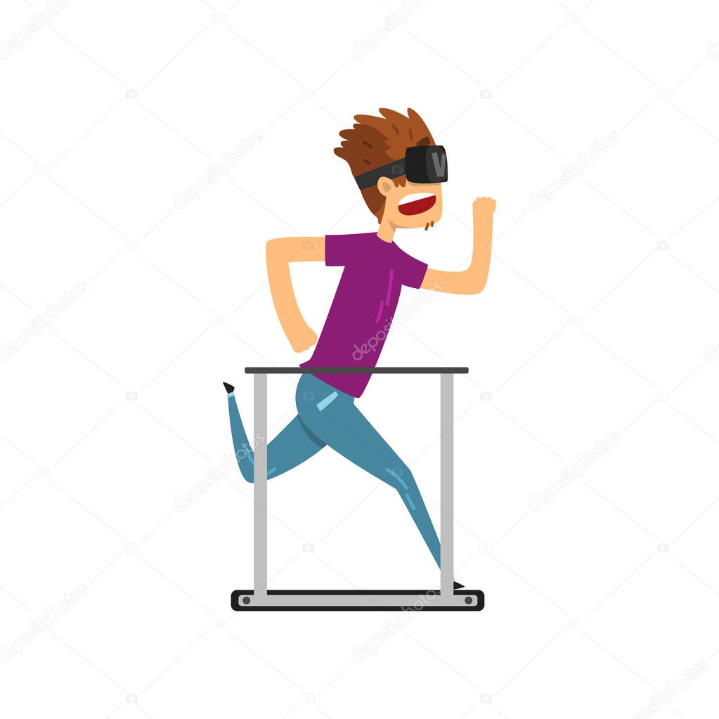 Young man cartoon character in virtual reality headset running on a treadmil, full virtual reality concept vector Illustration on a white background