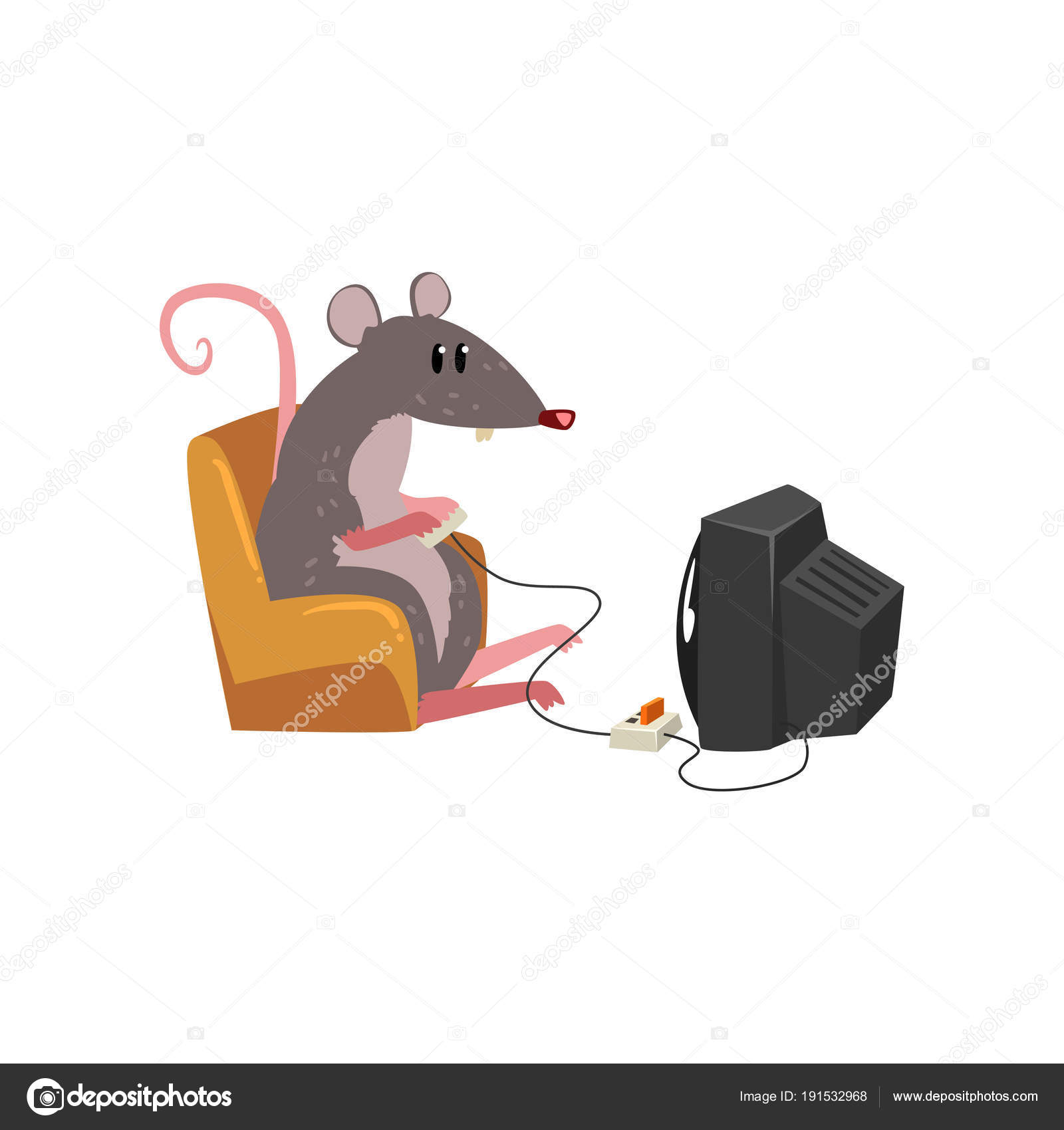 Cute grey mouse sitting on armchair and watching tv, funny rodent character vector Illustration