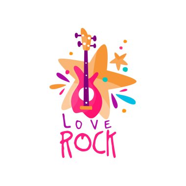 Elektro gitar ve yıldız özgün müzik logo şablonu. Vektör amblemi rock Festivali, müzik aleti mağaza, kayıt stüdyosu
